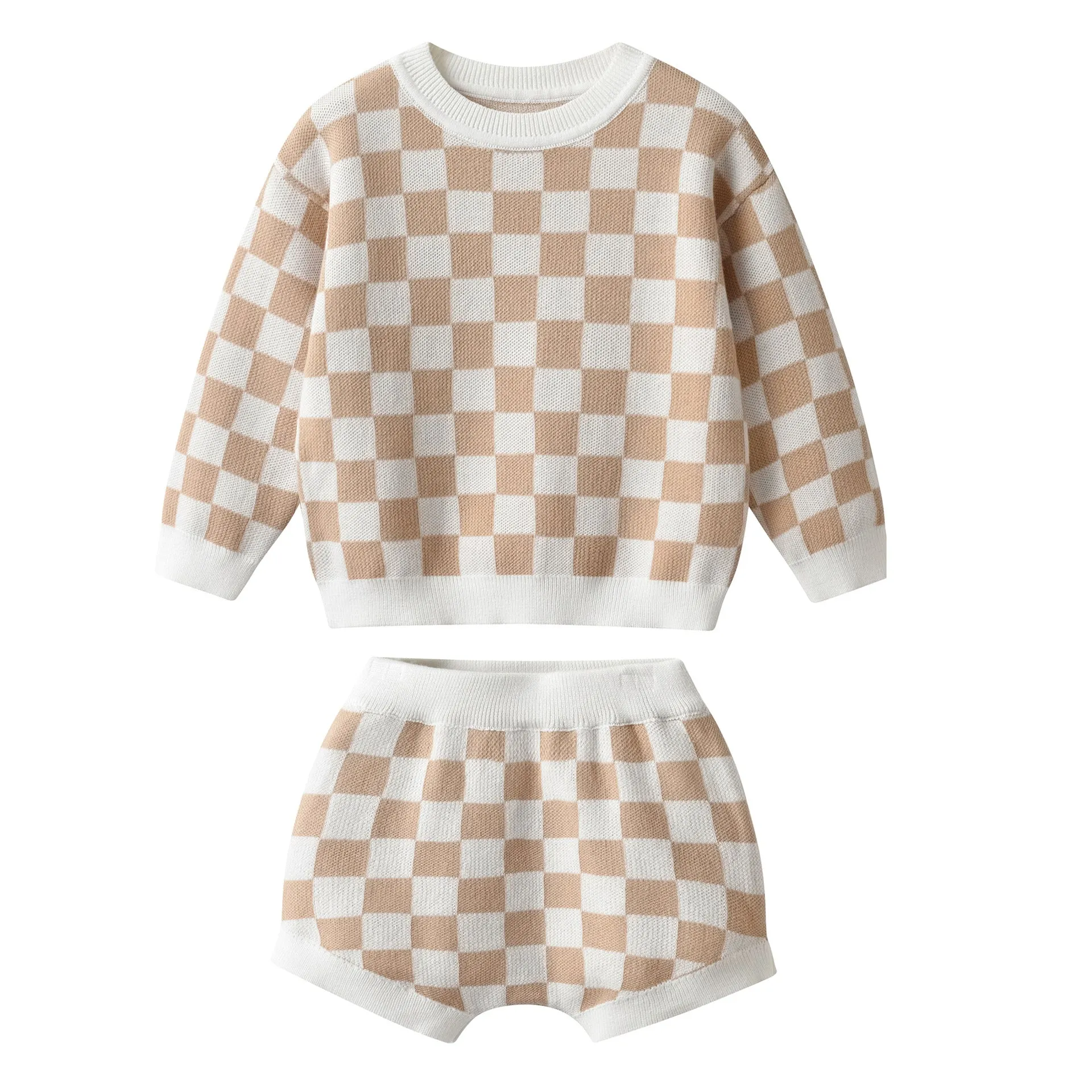 2-Piece Knit Checked Sweater and Shorts Set