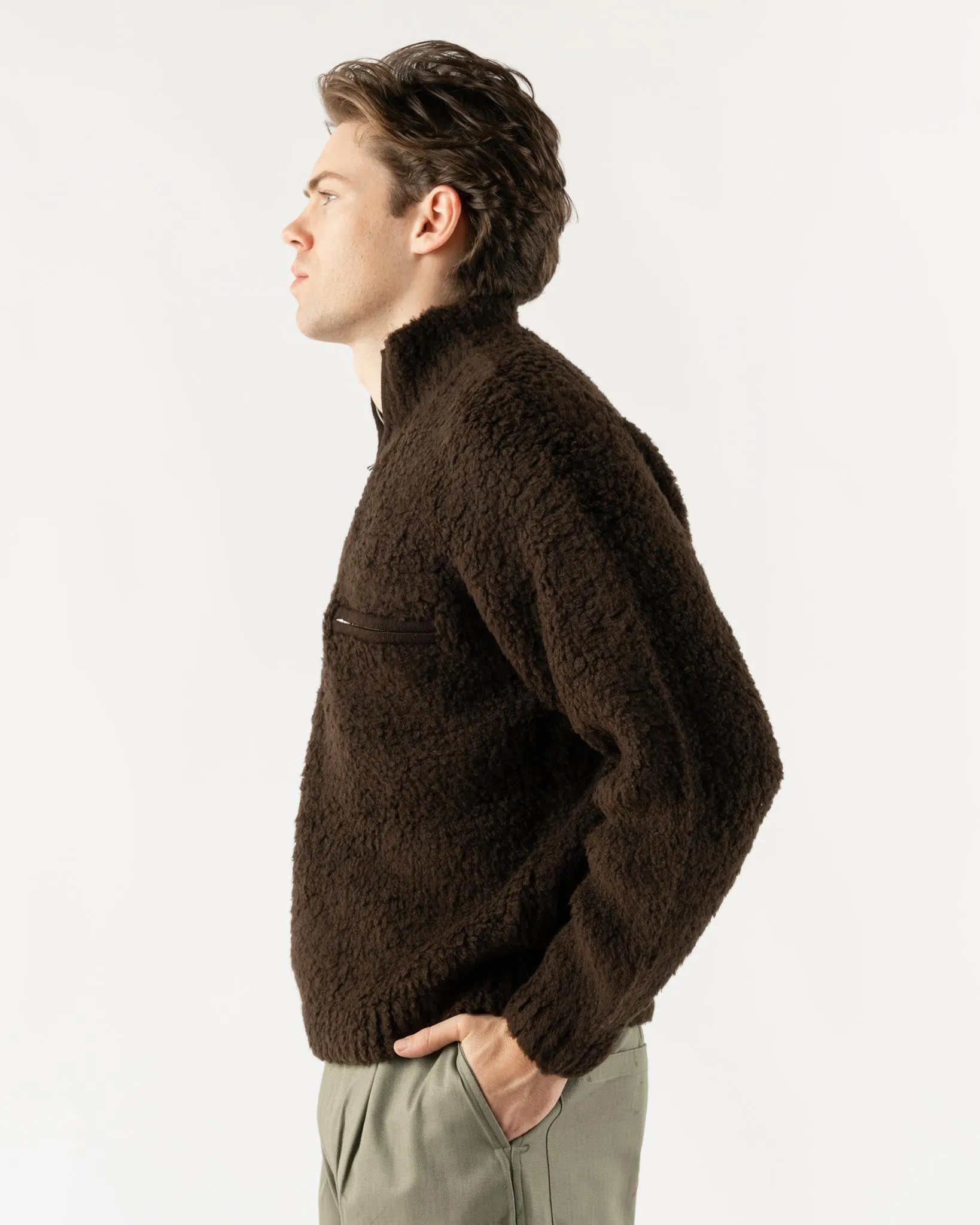 Auralee Merino Wool Boa Knit Half Zip Pull Over in Dark Brown