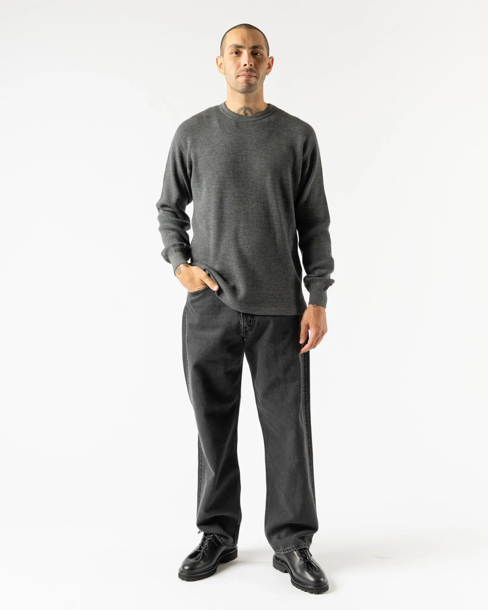 Auralee Wool Cotton Thermal Pullover in Top Charcoal