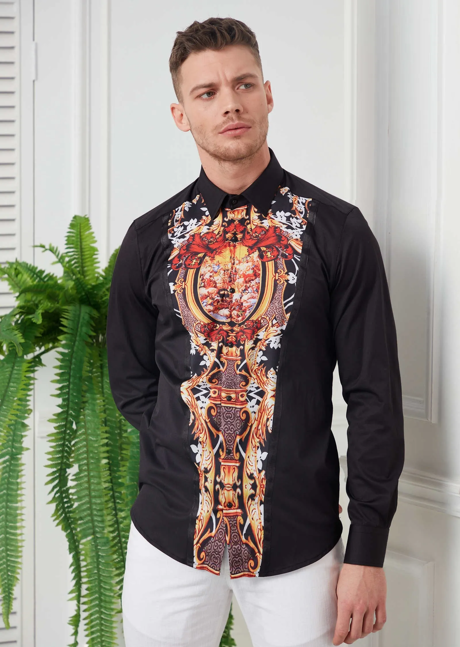 Black "Art & Crest" Silky Shirt