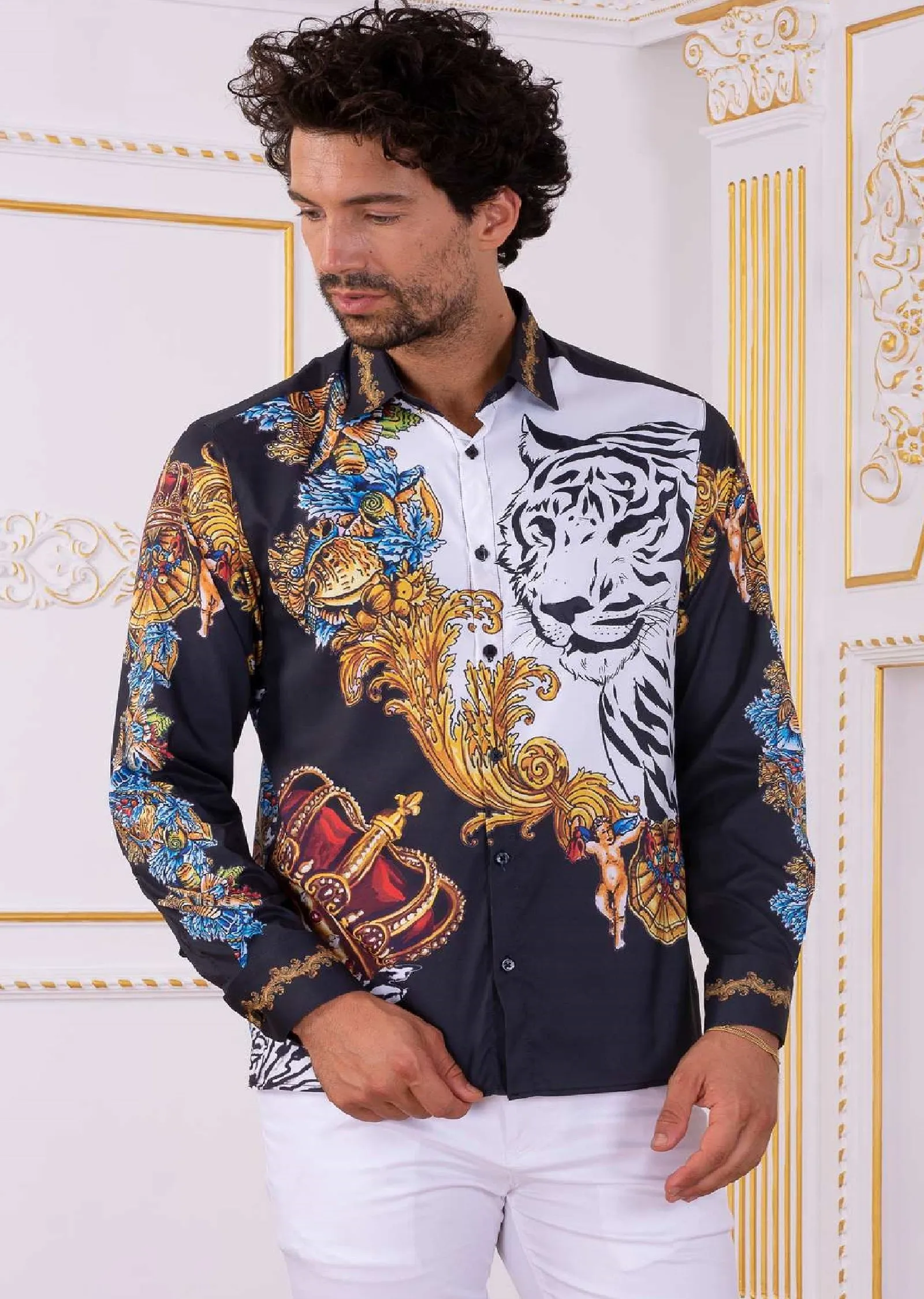 Black Tiger King Baroque Silky Shirt