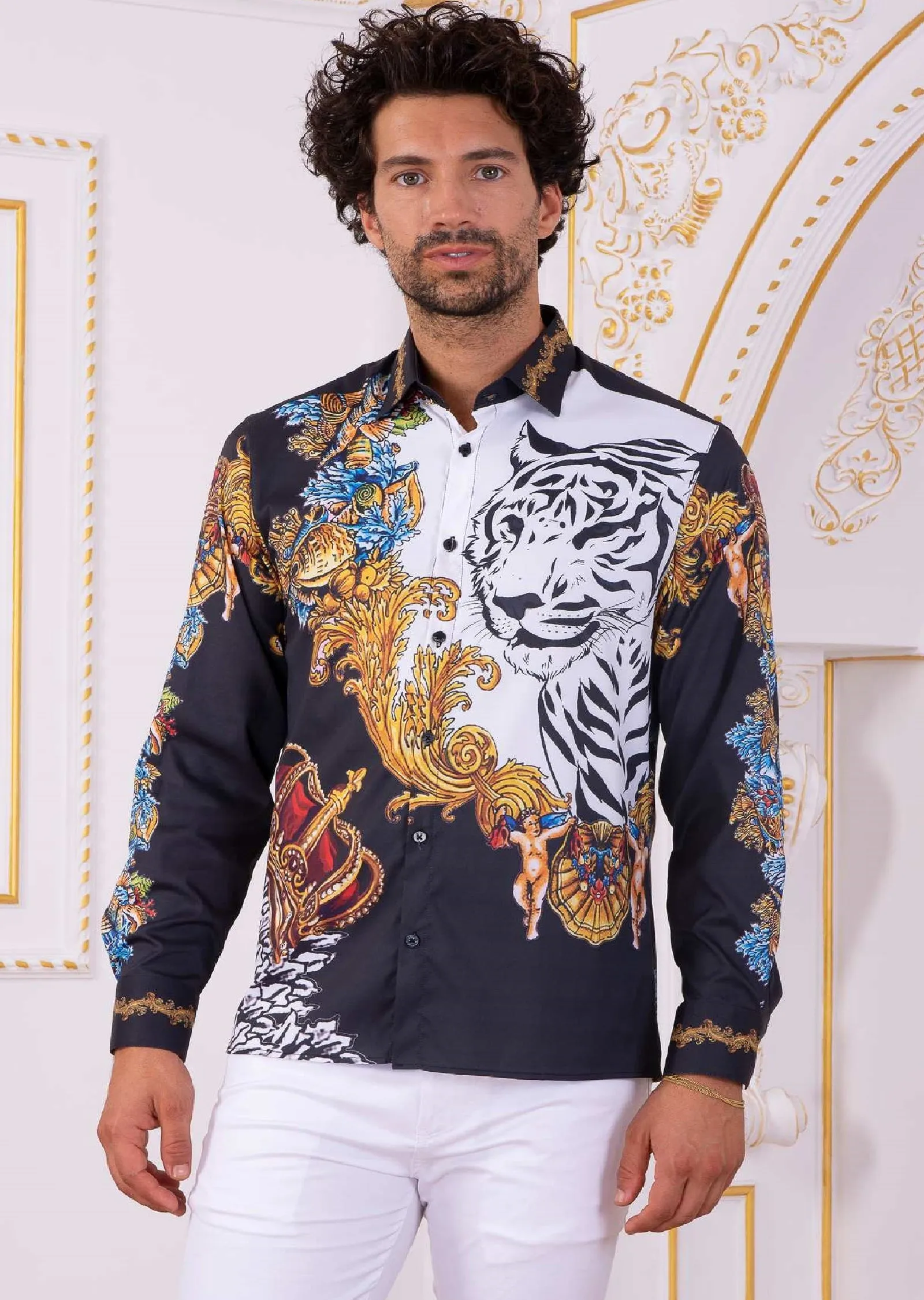 Black Tiger King Baroque Silky Shirt