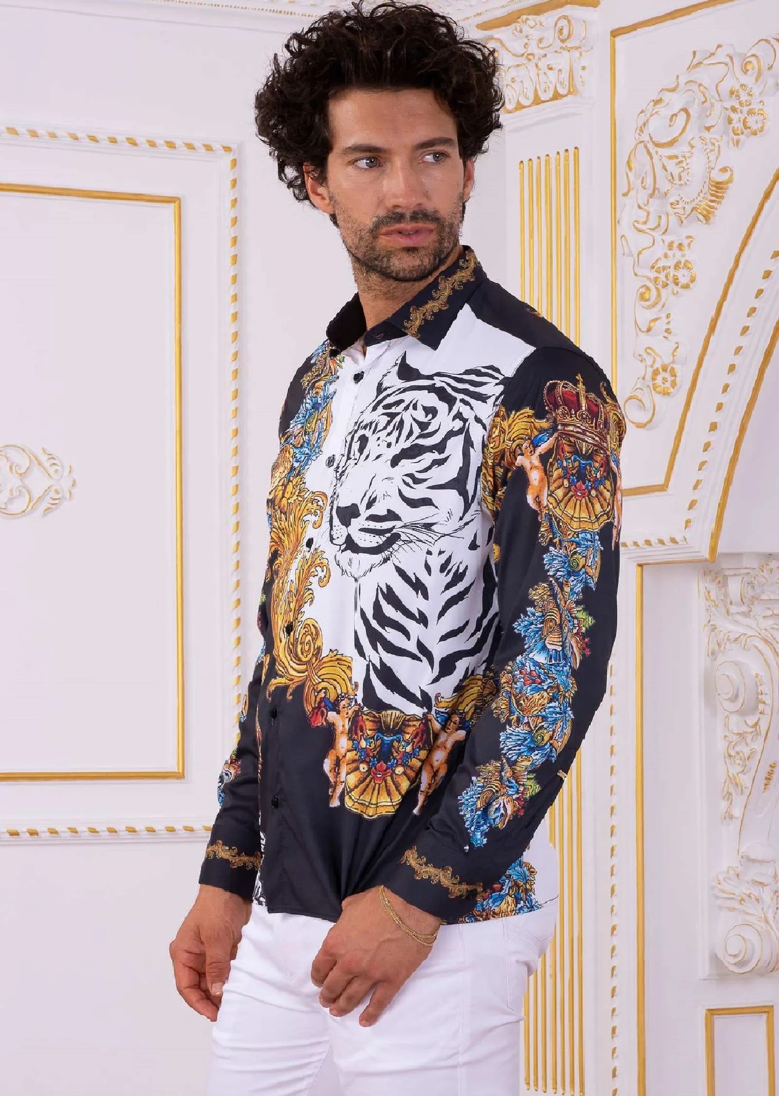 Black Tiger King Baroque Silky Shirt