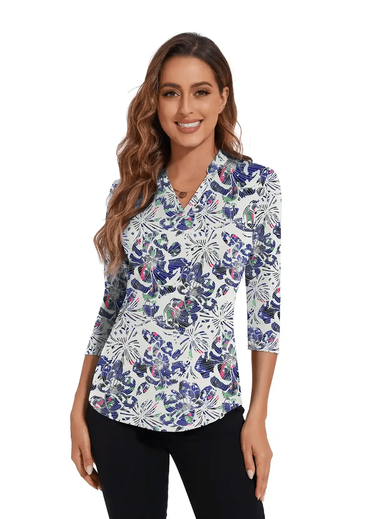 Blue Fireworks V-neck 3/4 Sleeve Polo Shirt for Women