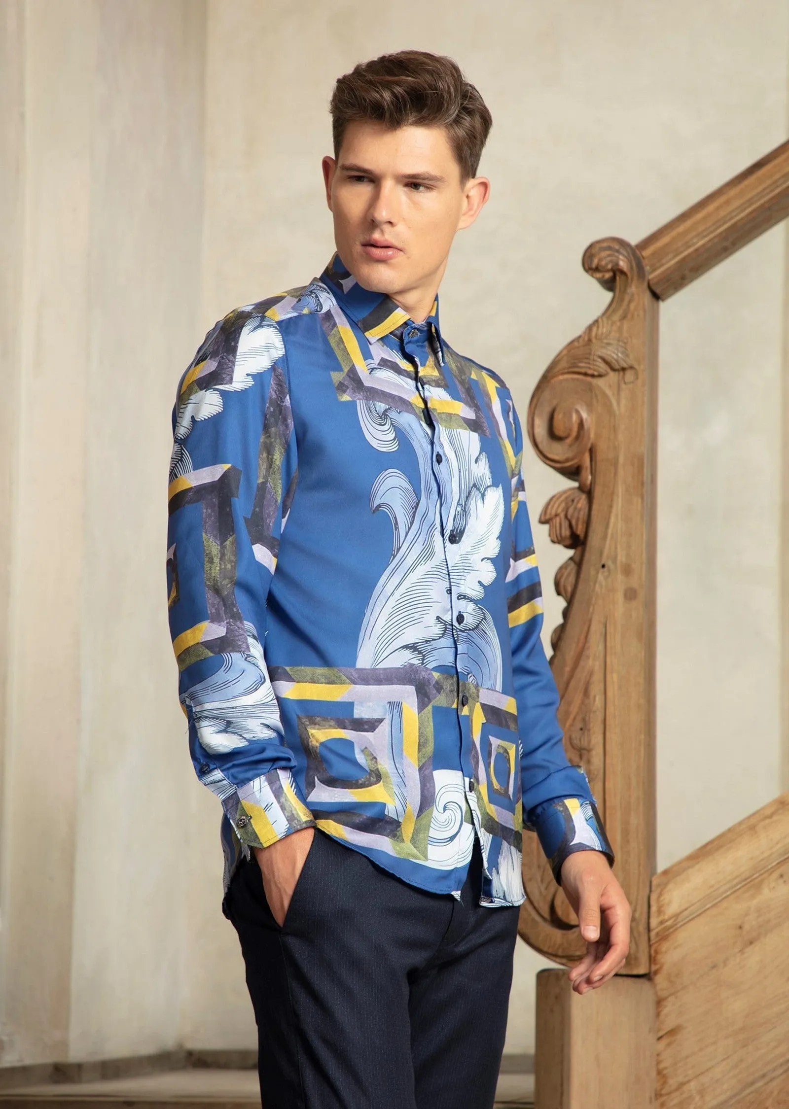 Blue Gold Silky Long Sleeve Shirt