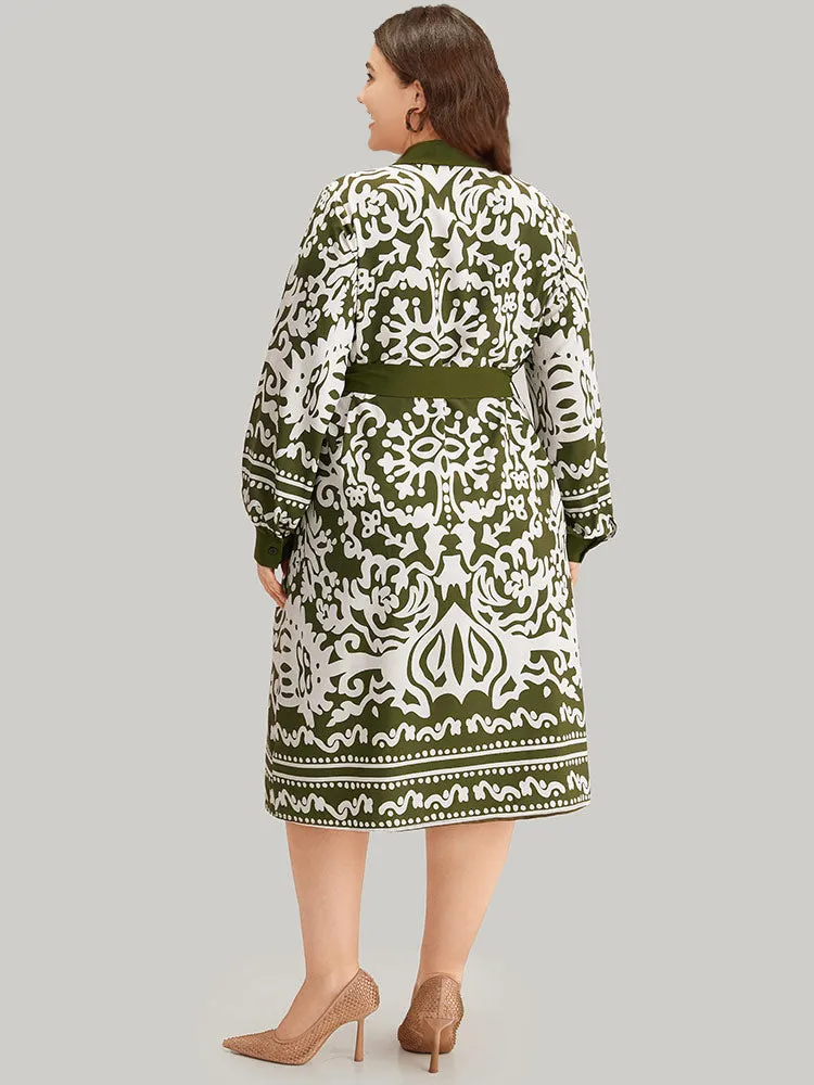 Boho Print Pocket Button Through Belted Contrast Dress