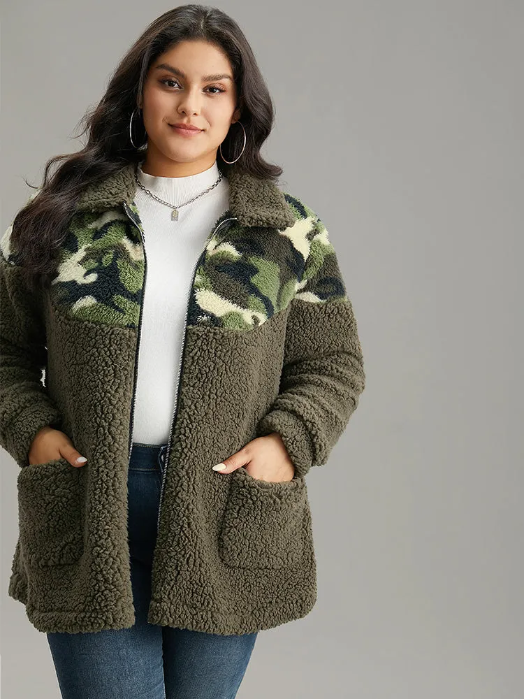 Camo Patchwork Zipper Pocket Teddy Jacket