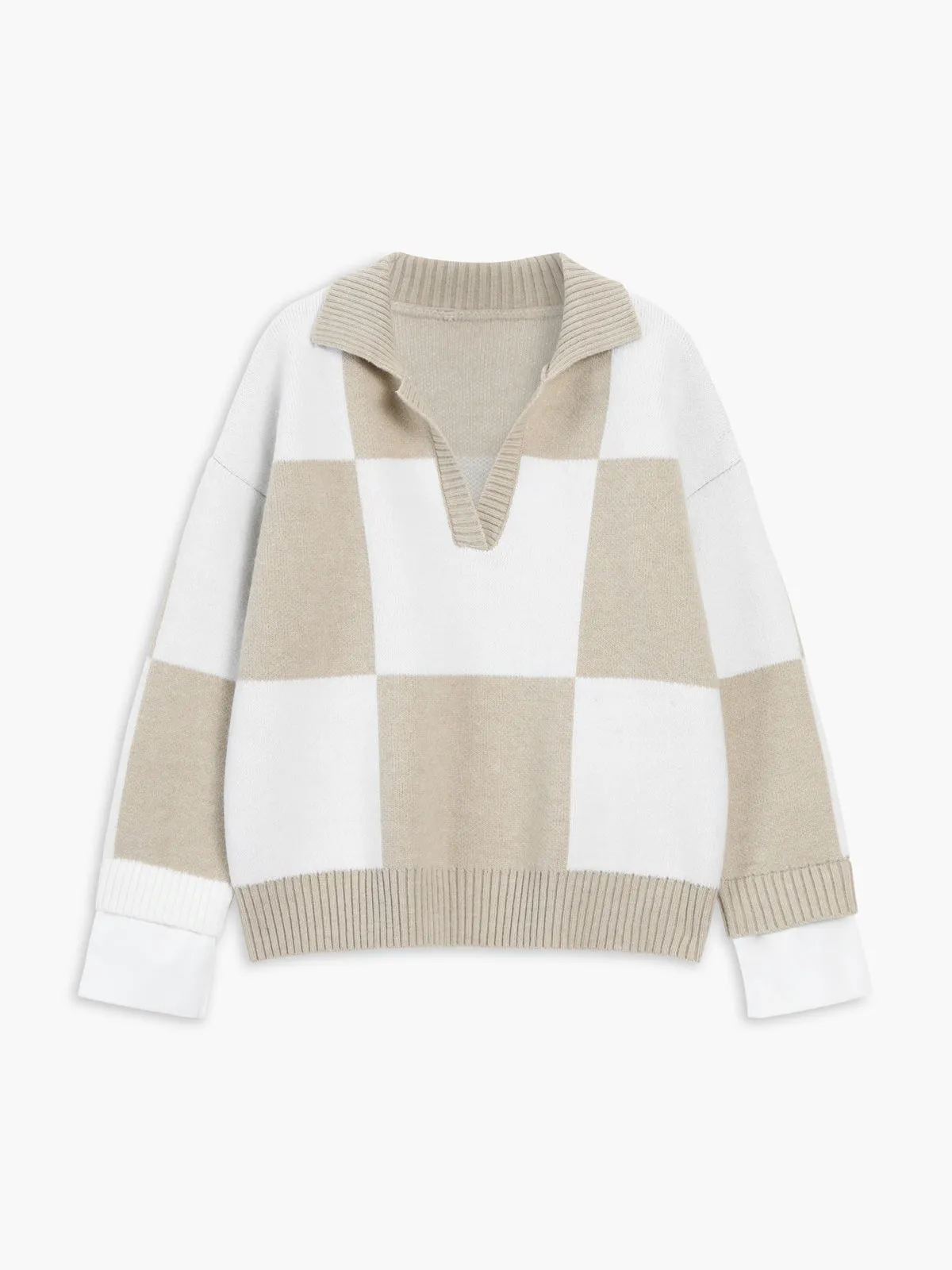 Checkered Open Graceful Collar Sweater