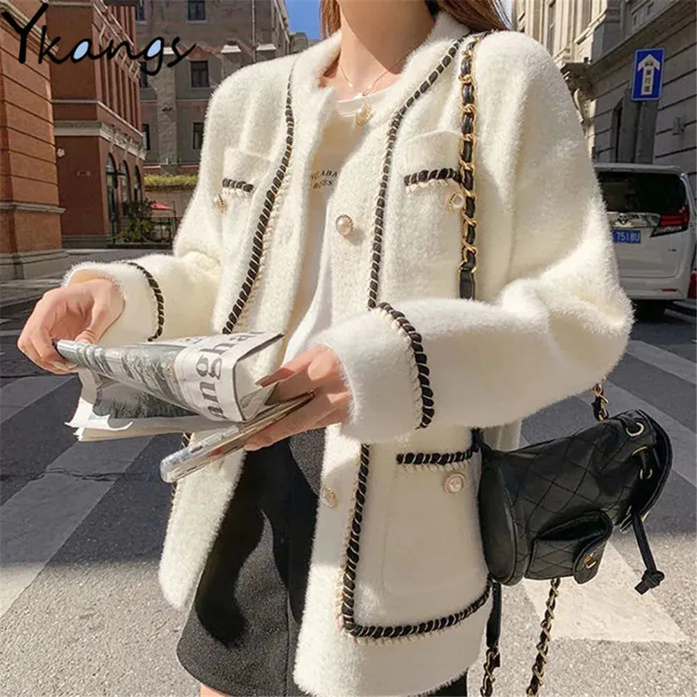 Chic White Mink Cashmere Sweater Coat for Women - Cozy Autumn Winter Knitted Cardigan with Loose Fit and O Neck for Effortless Style