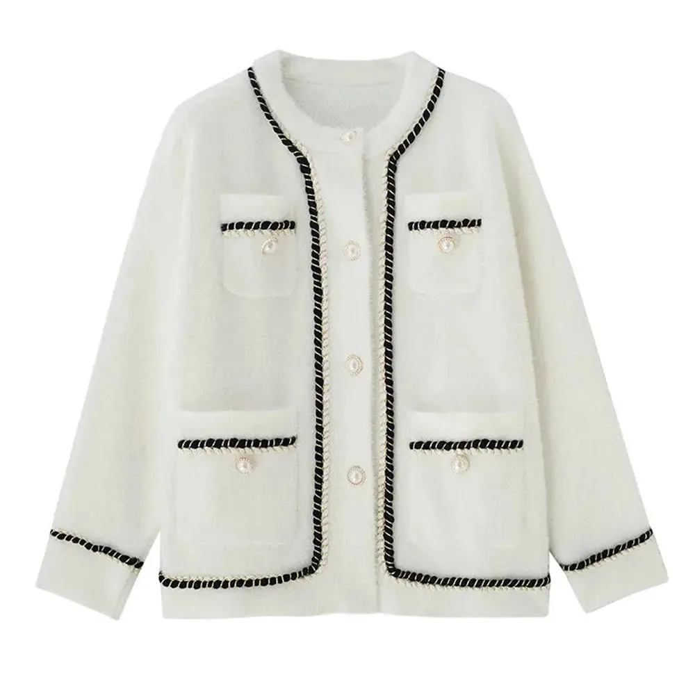 Chic White Mink Cashmere Sweater Coat for Women - Cozy Autumn Winter Knitted Cardigan with Loose Fit and O Neck for Effortless Style