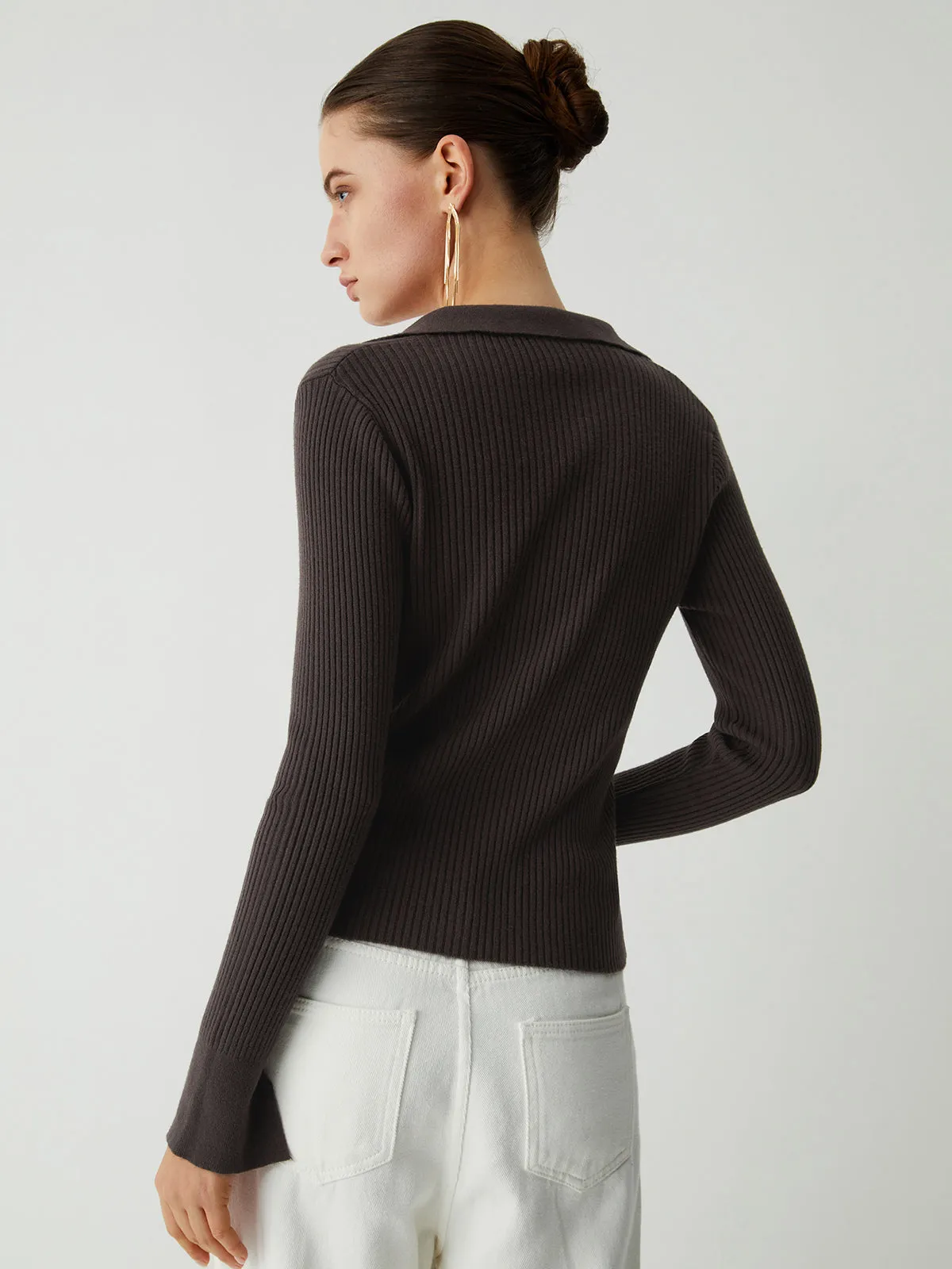 Chocolate Open Collar Trendy Long Sleeve Knit Top