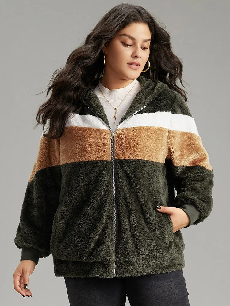 Colorblock Contrast Fuzzy Zipper Jacket