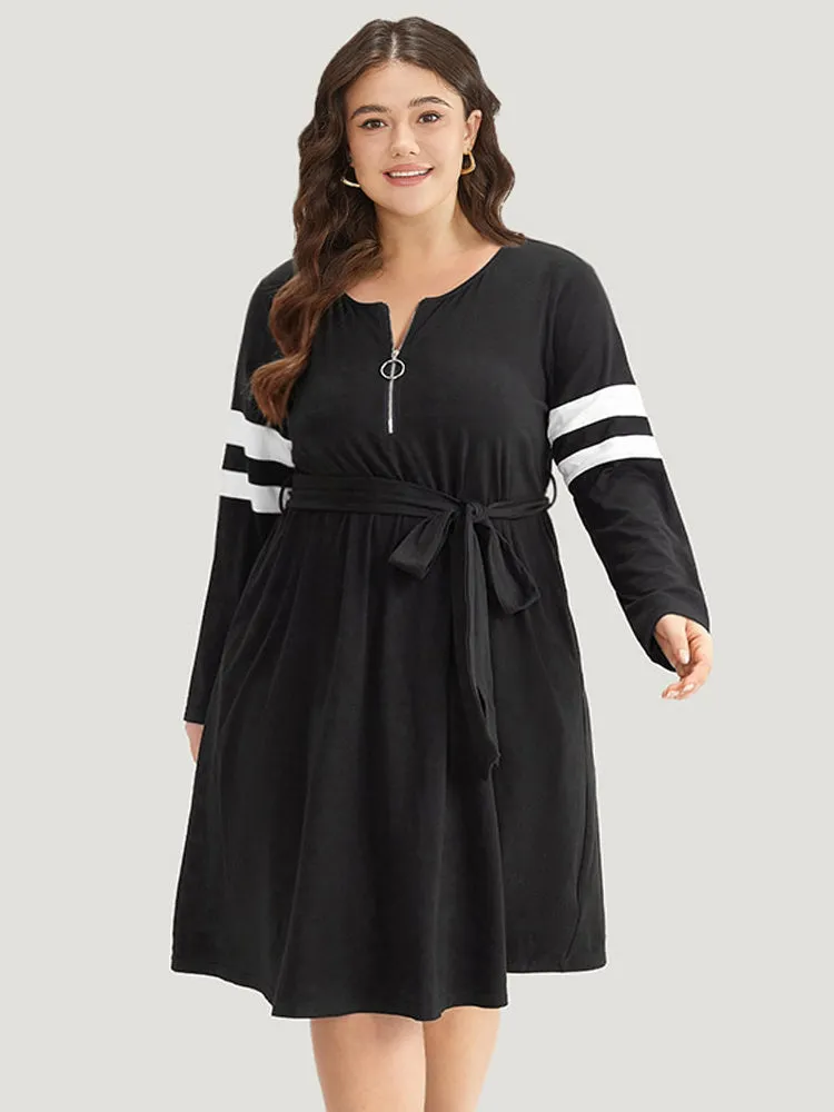 Colorblock Patchwork Zipper Belted Dress