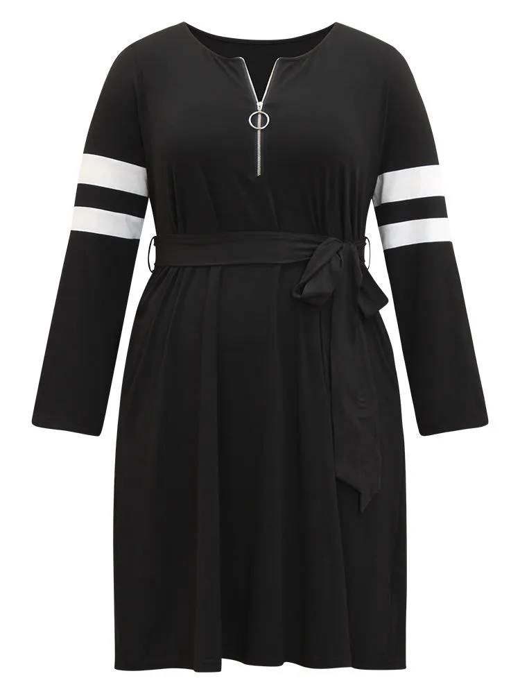 Colorblock Patchwork Zipper Belted Dress