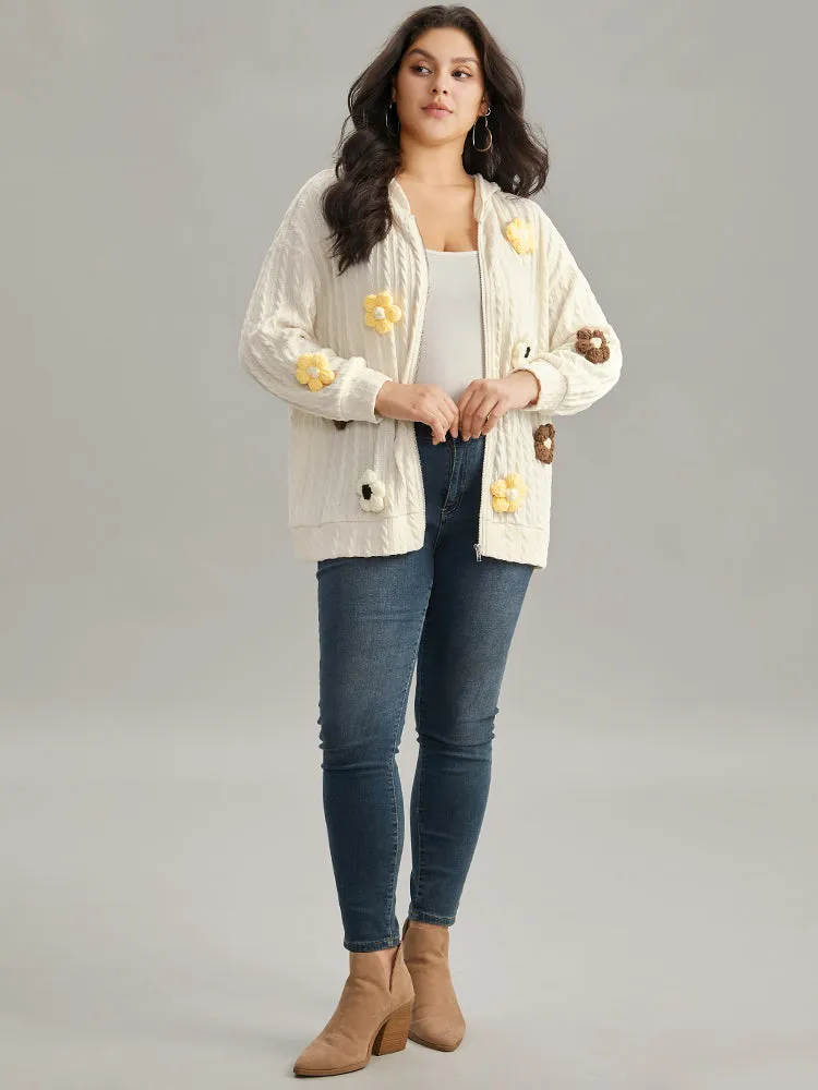 Contrast Floral Detail Textured Zipper Fly Sweatshirt