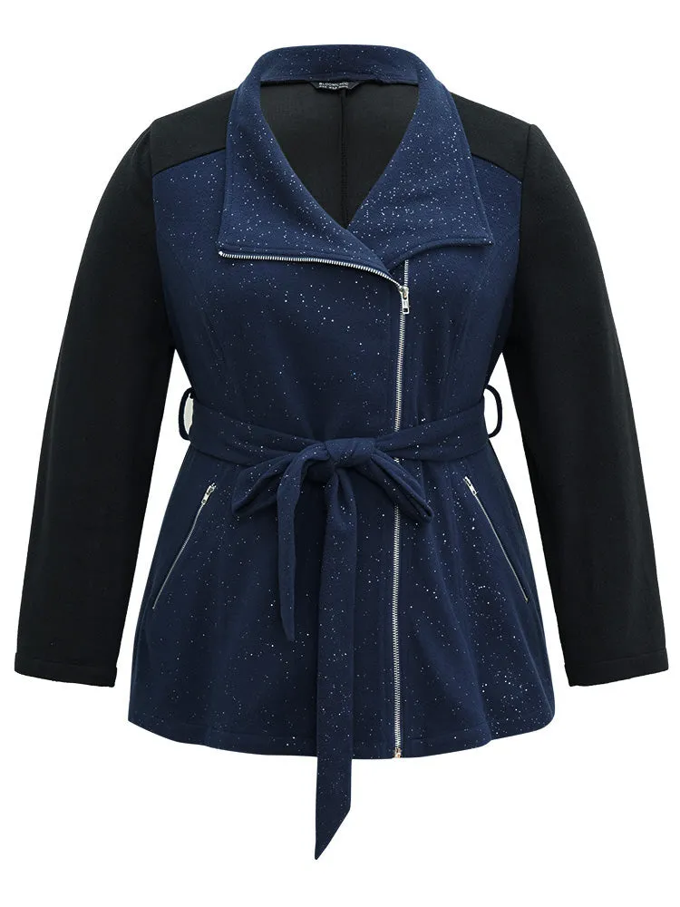 Contrast Glitter Belted Patchwork Zipper Coat