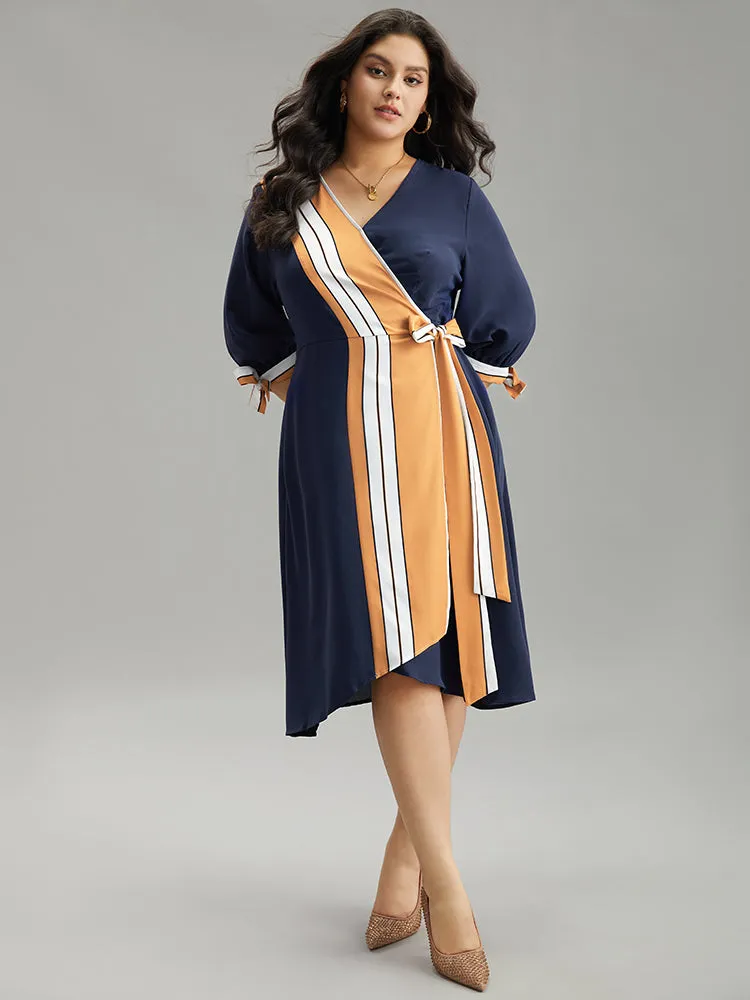 Contrast Striped Patchwork Wrap Dress