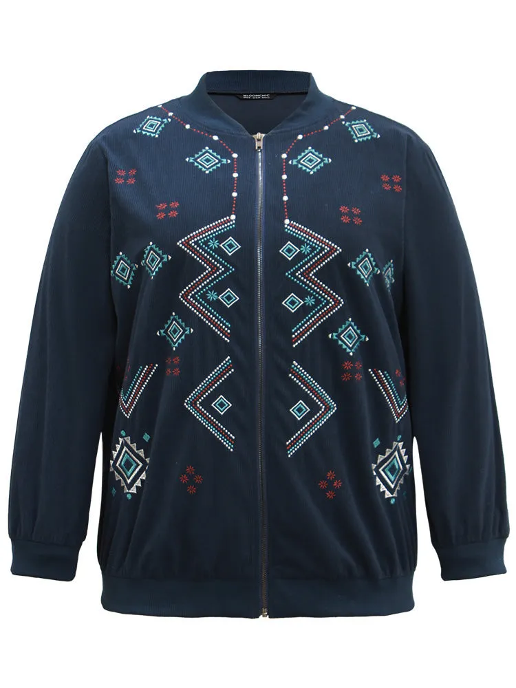 Corduroy Geo Embroidered Zipper Fly Jacket