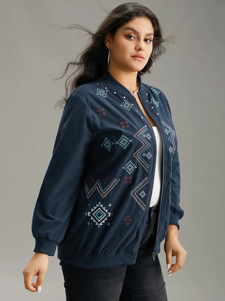 Corduroy Geo Embroidered Zipper Fly Jacket