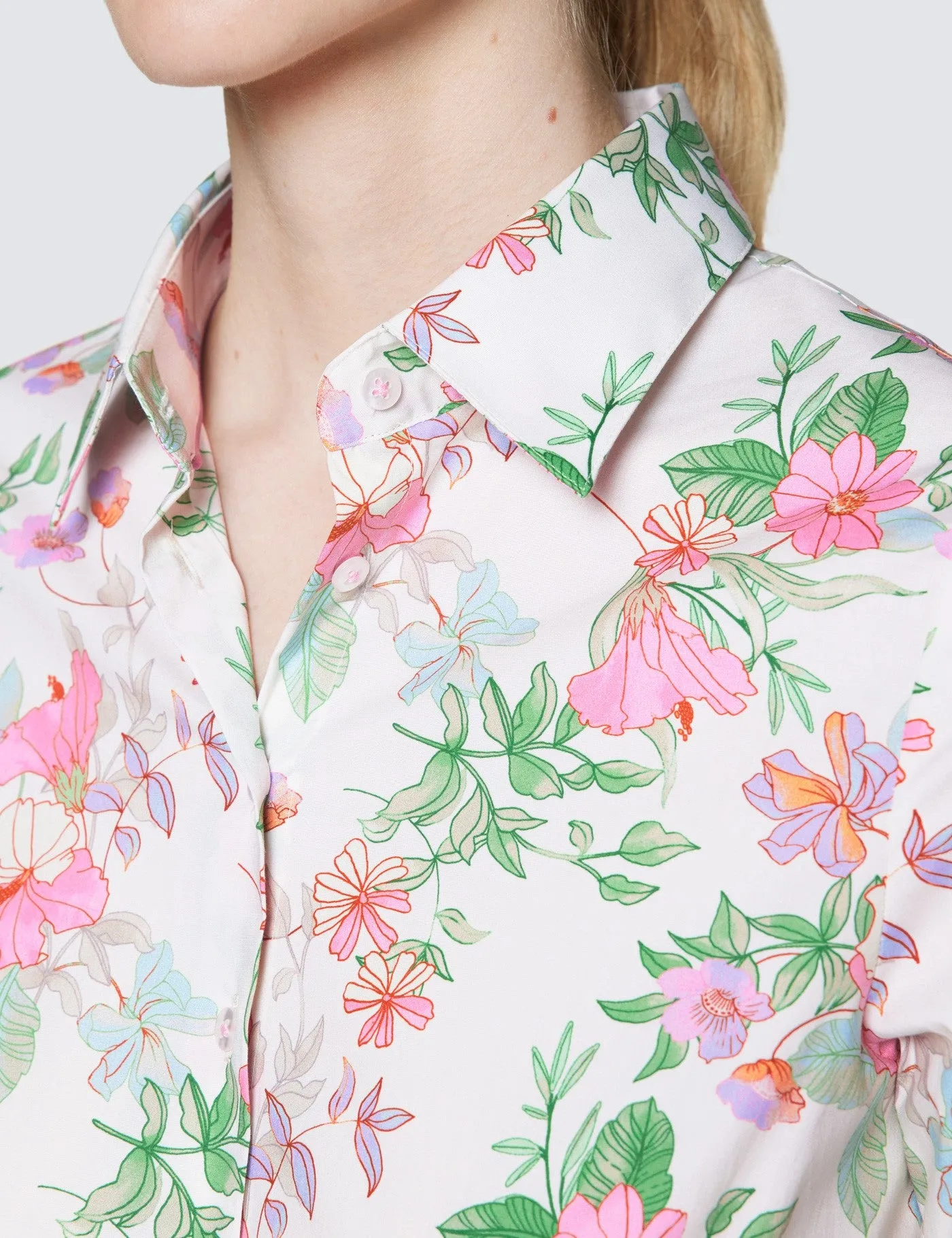 Cream & Pink Floral Print Fitted Cotton Stretch Shirt