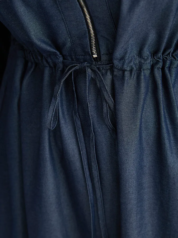 Denim Half Zip Drawstring Elastic Waist Dress