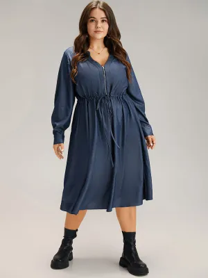 Denim Half Zip Drawstring Elastic Waist Dress