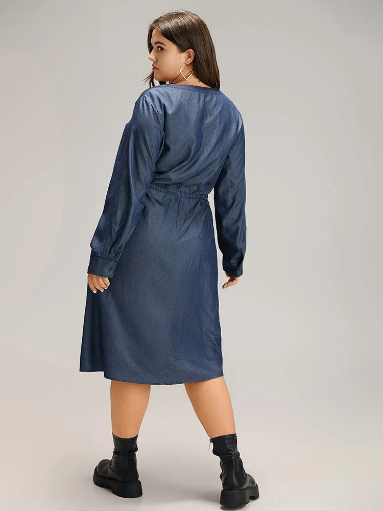 Denim Half Zip Drawstring Elastic Waist Dress