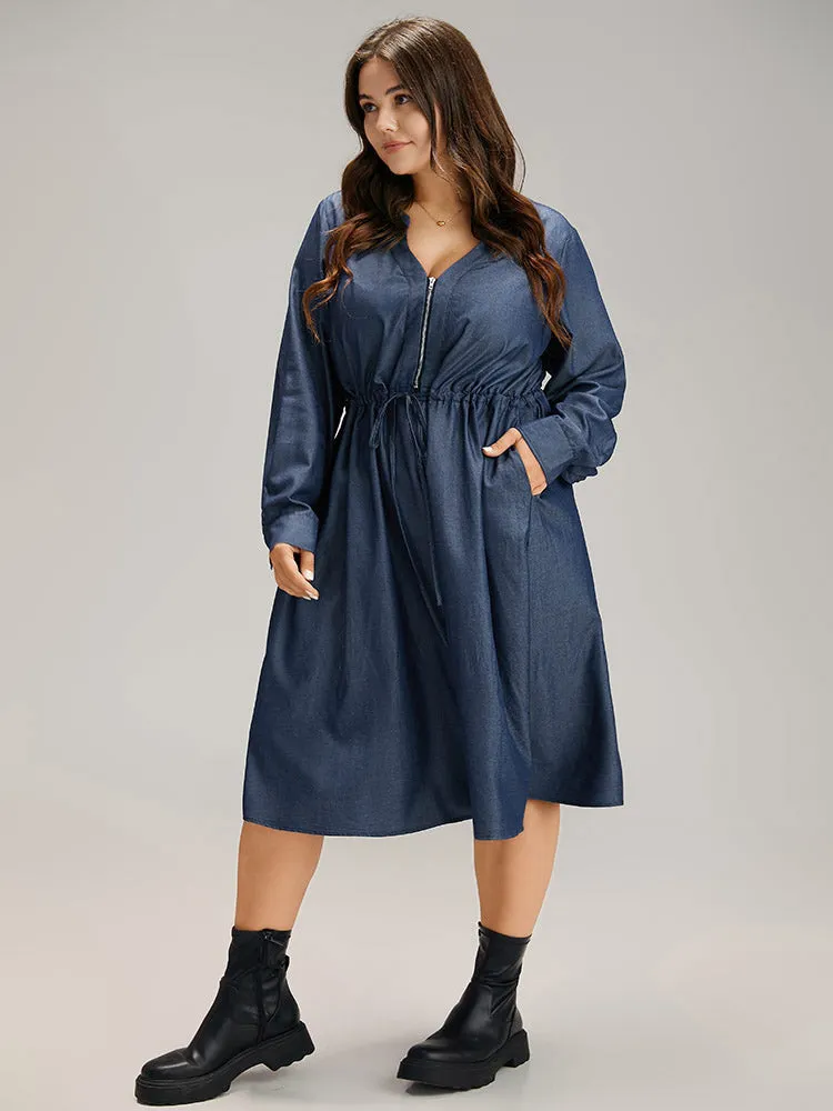 Denim Half Zip Drawstring Elastic Waist Dress