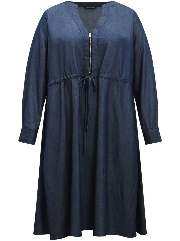 Denim Half Zip Drawstring Elastic Waist Dress