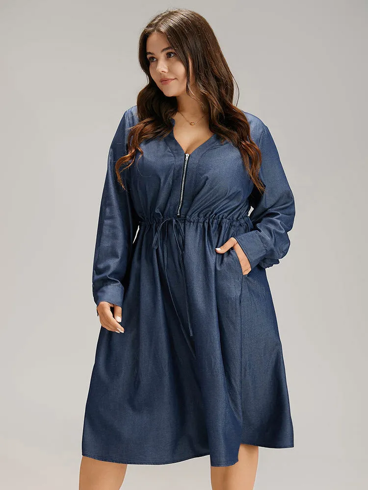 Denim Half Zip Drawstring Elastic Waist Dress