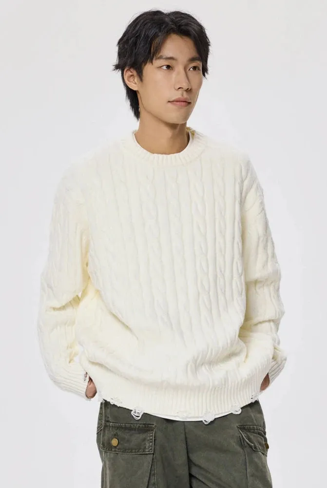 Distressed Hem Cable Knit Crewneck Sweater