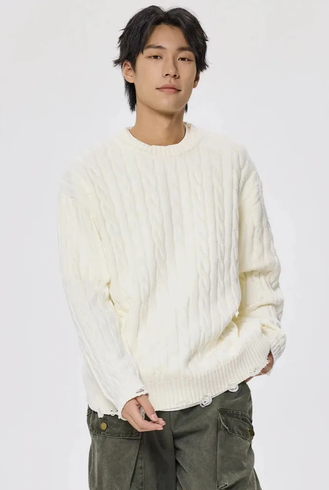 Distressed Hem Cable Knit Crewneck Sweater