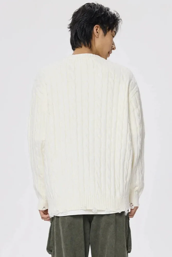 Distressed Hem Cable Knit Crewneck Sweater