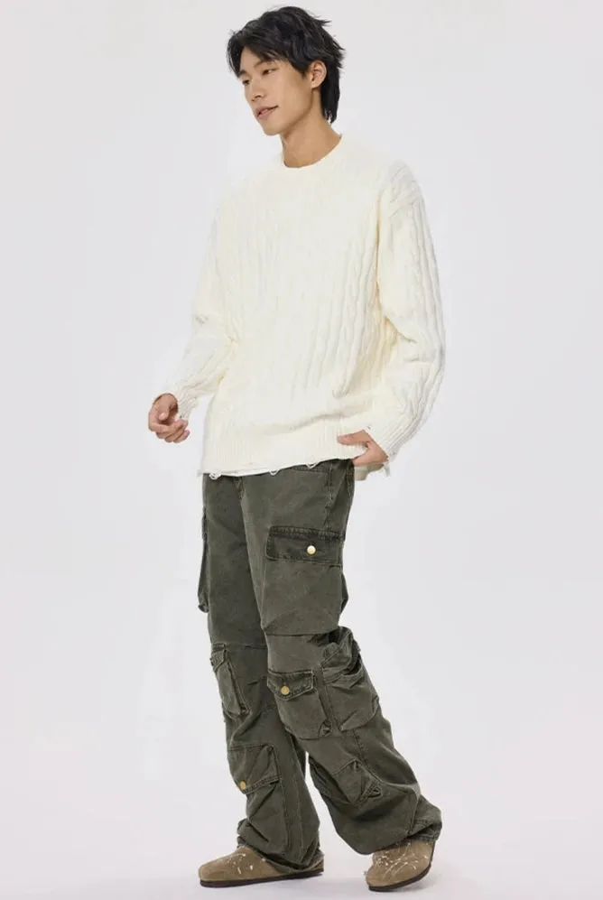 Distressed Hem Cable Knit Crewneck Sweater