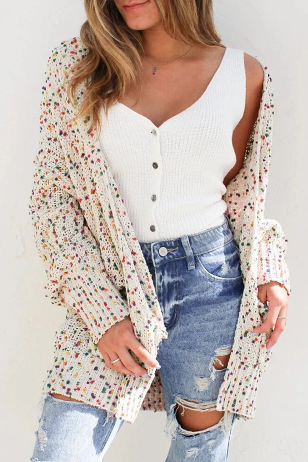 Dotted Multicolor Cream Knit Long Sleeve Cardigan