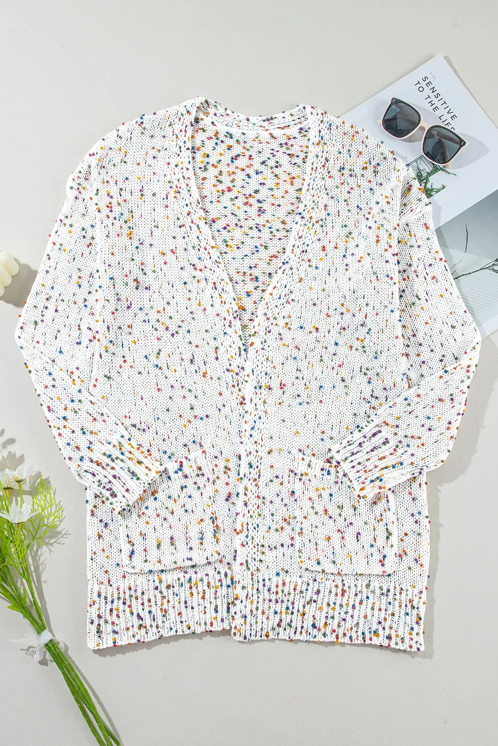 Dotted Multicolor Cream Knit Long Sleeve Cardigan