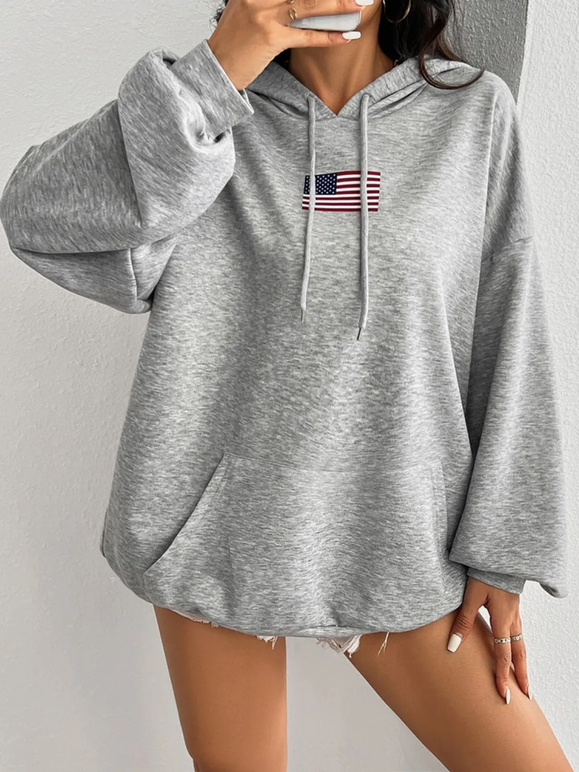 Drawstring US Flag Long Sleeve Hoodie