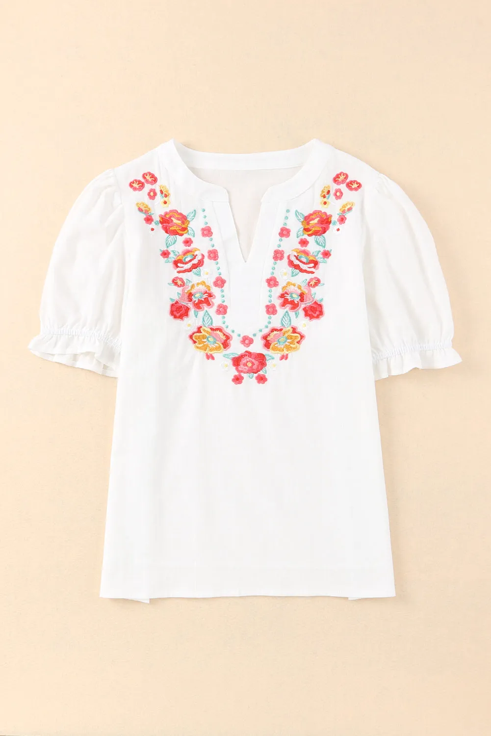 Floral Embroidered Ruffled Puff Sleeve Blouse