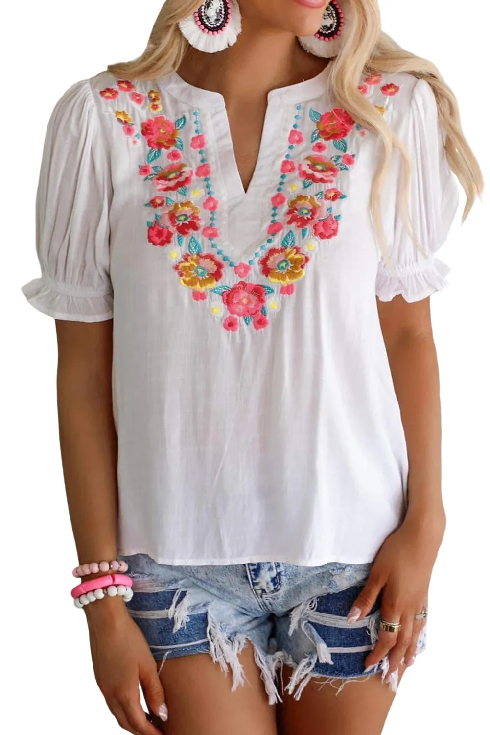 Floral Embroidered Ruffled Puff Sleeve Blouse