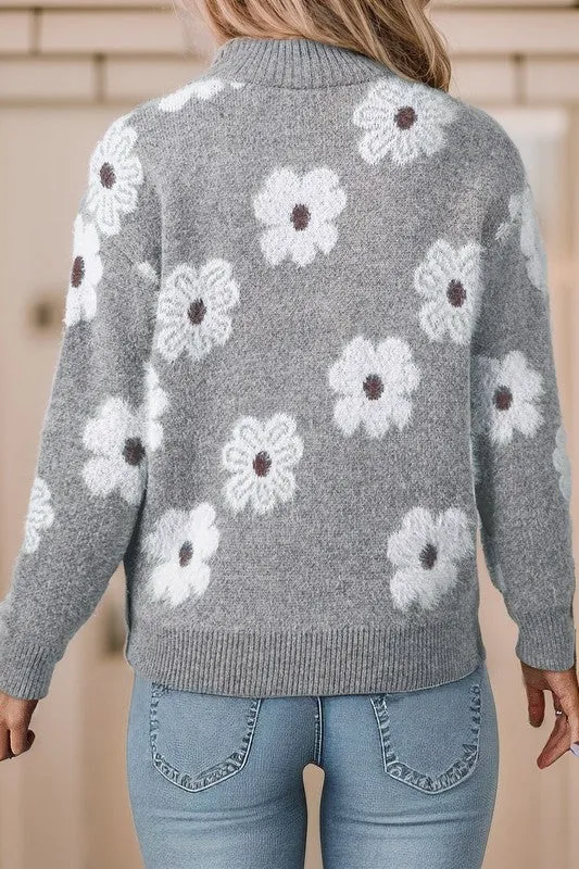 Floral Pattern Drop Shoulder Half Zip Sweater