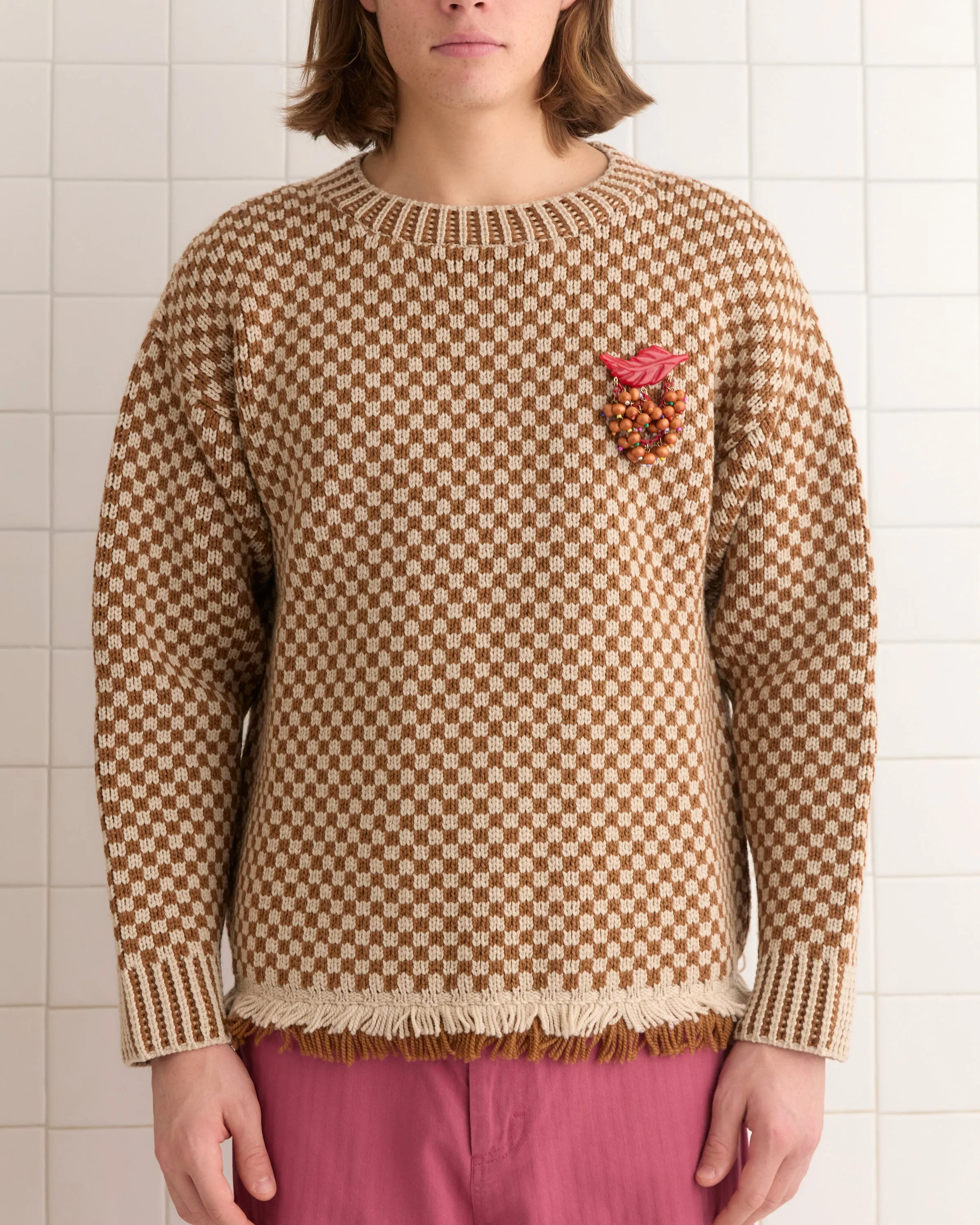 Fringe Check Pullover - Brown