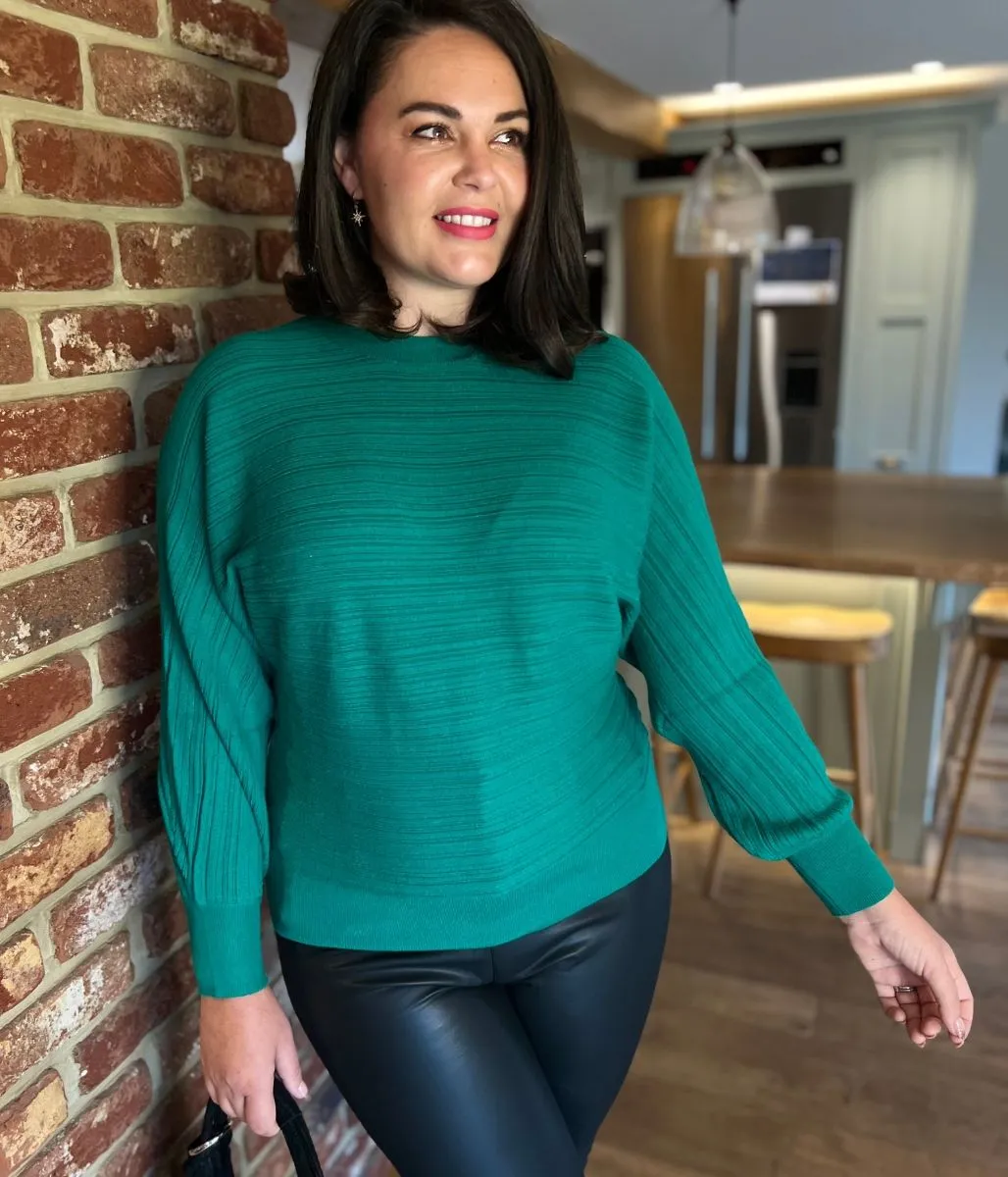 Green Soft Ribbed Batwing Jumper