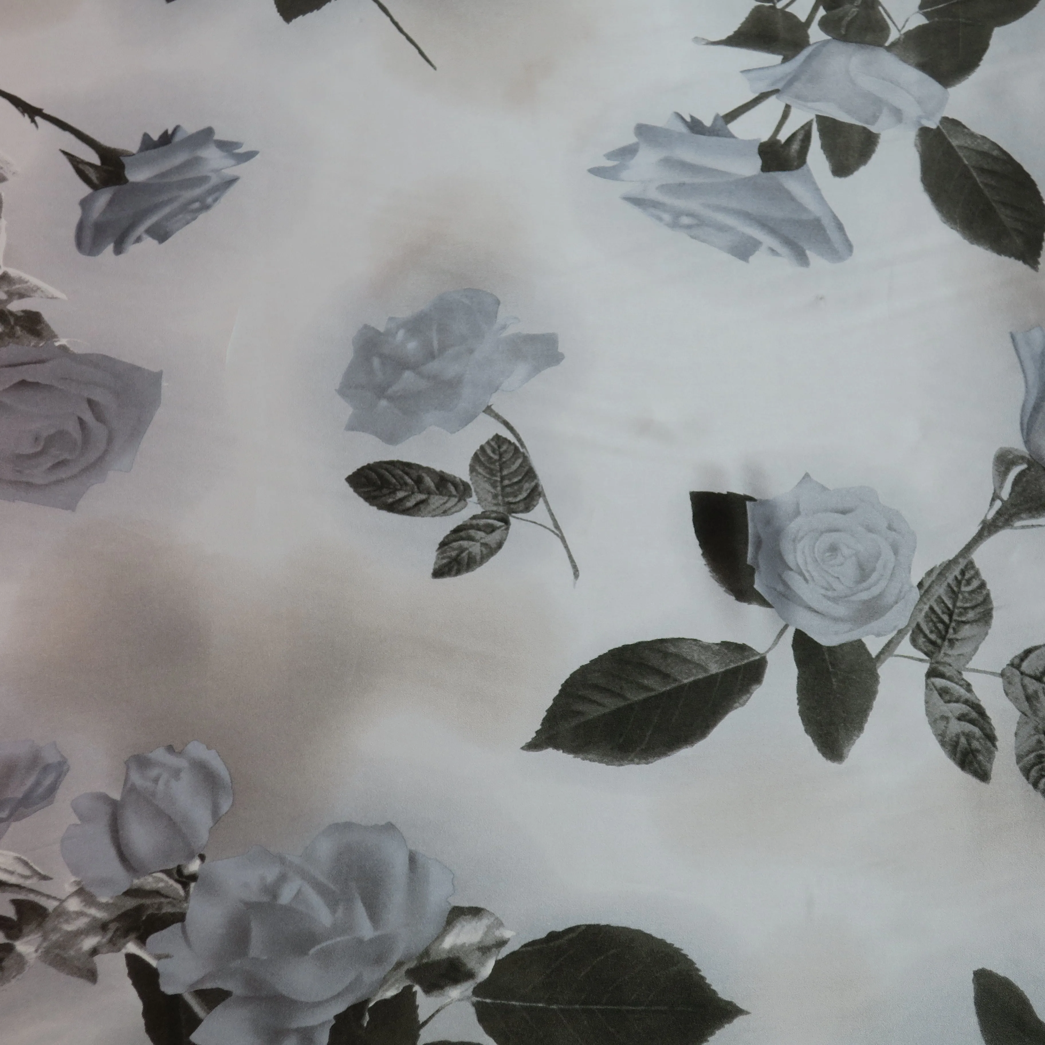 Grey Roses on Silver Ground Silk Charmeuse Fabric