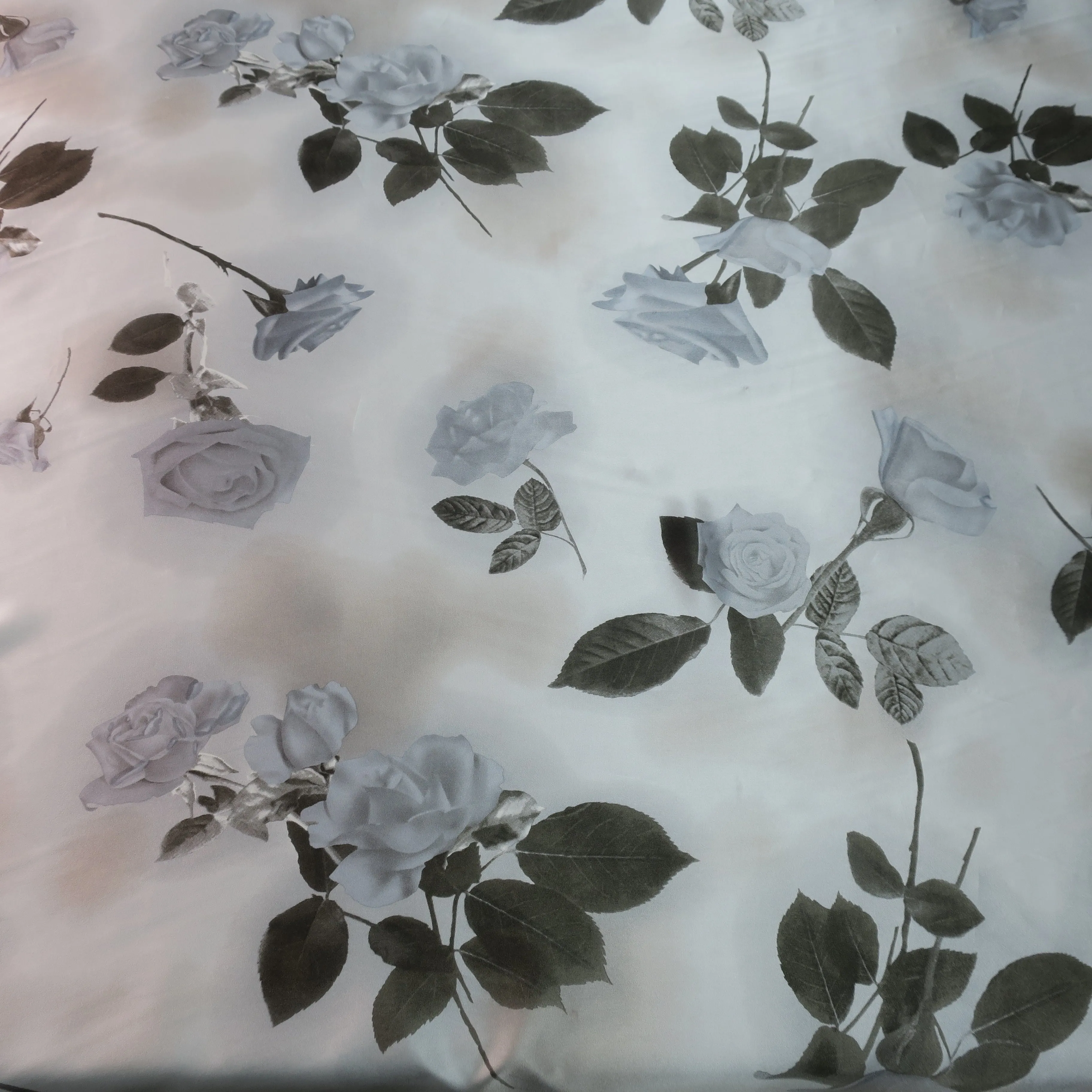 Grey Roses on Silver Ground Silk Charmeuse Fabric