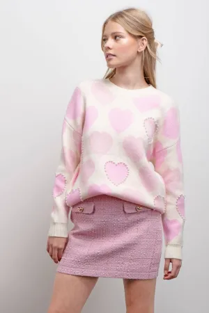 HEART PATTERN PEARL DETAIL KNIT SWEATER