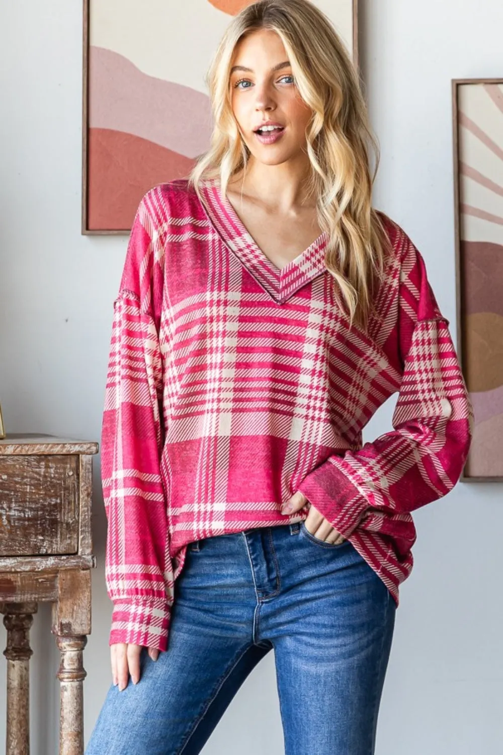 Heimish Plaid Drop Shoulder V-Neck Sweatshirt