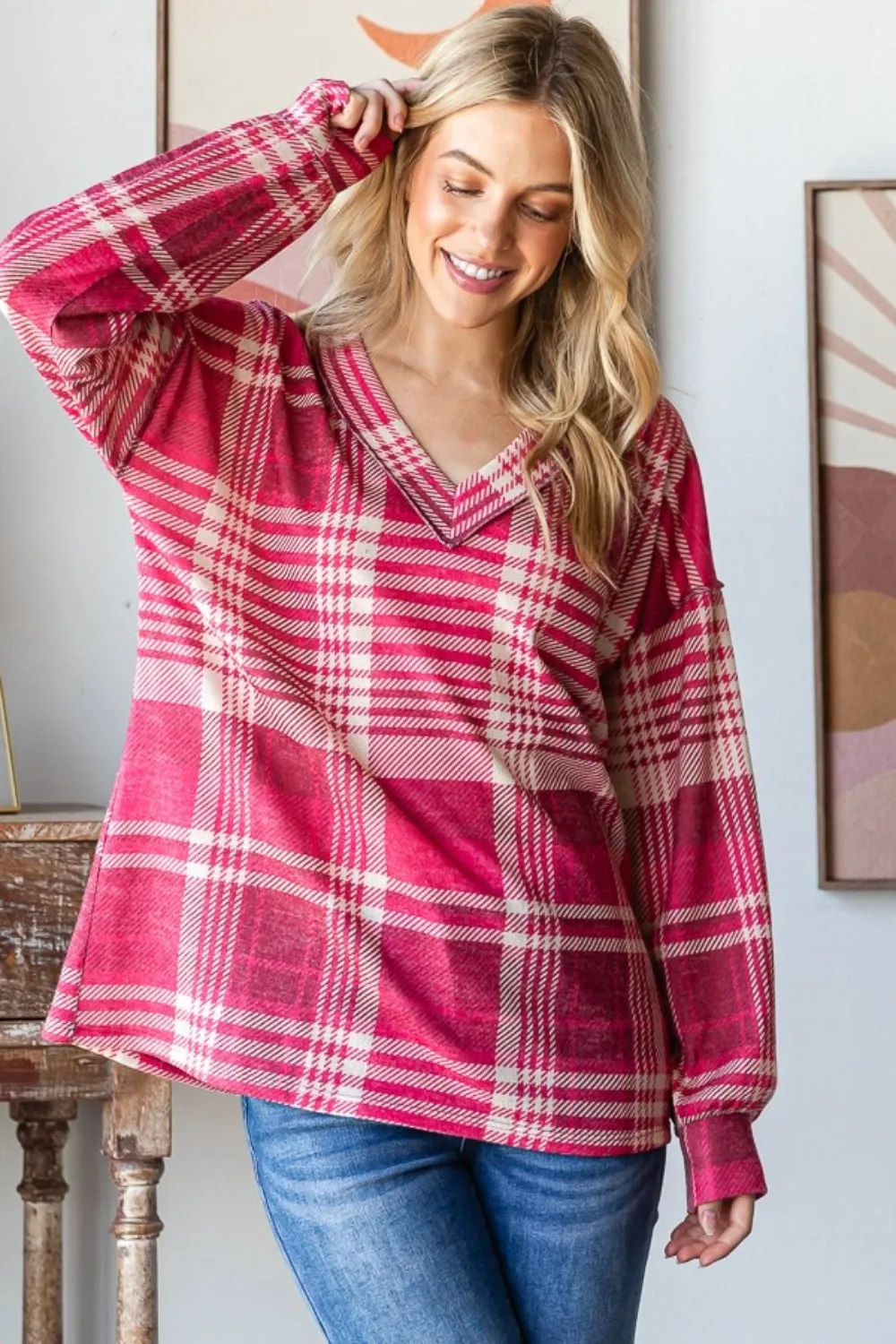 Heimish Plaid Drop Shoulder V-Neck Sweatshirt