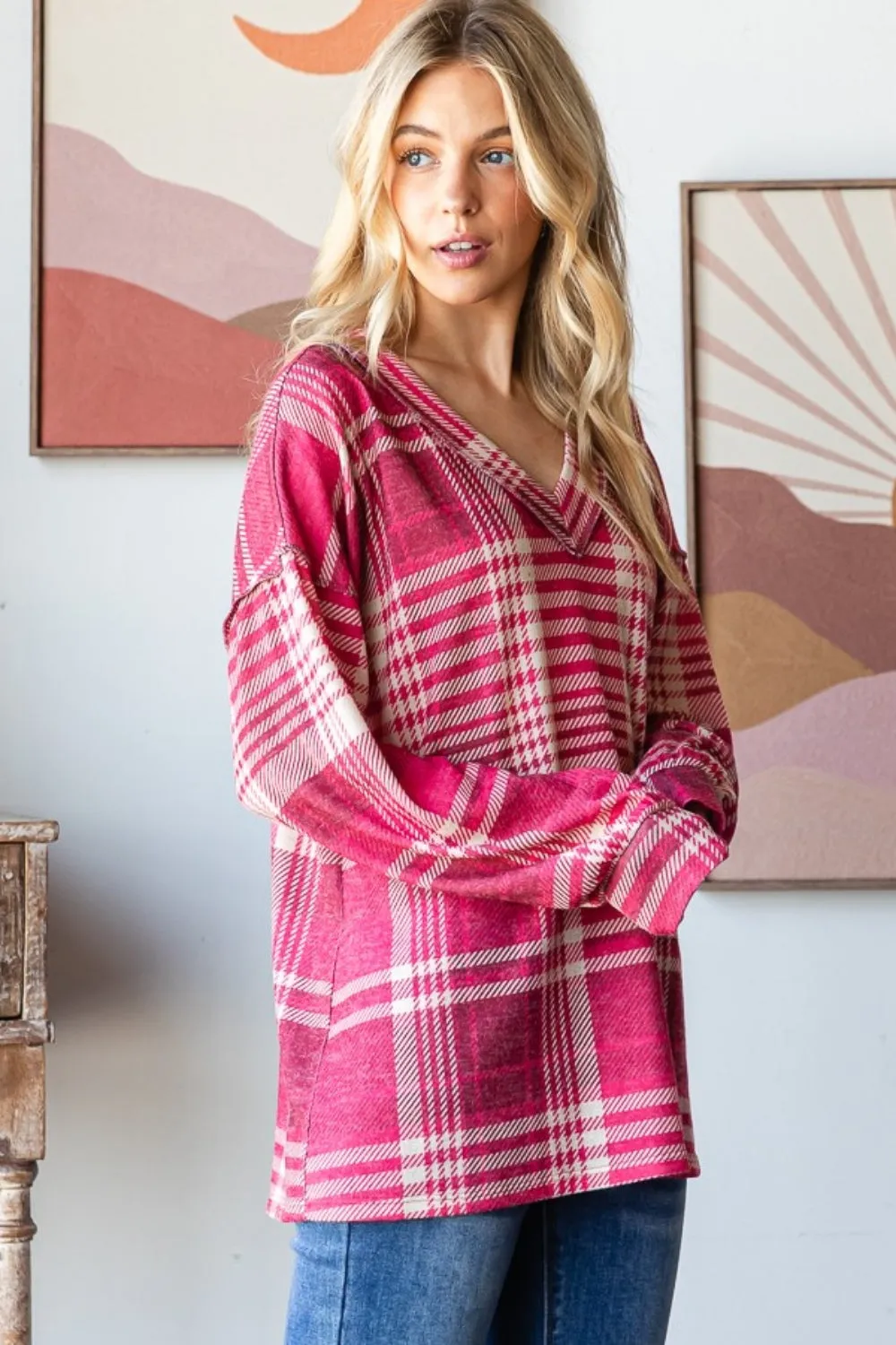 Heimish Plaid Drop Shoulder V-Neck Sweatshirt