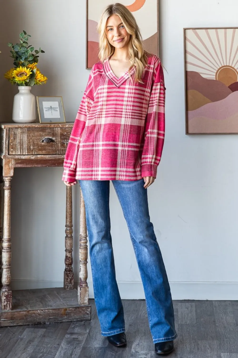 Heimish Plaid Drop Shoulder V-Neck Sweatshirt