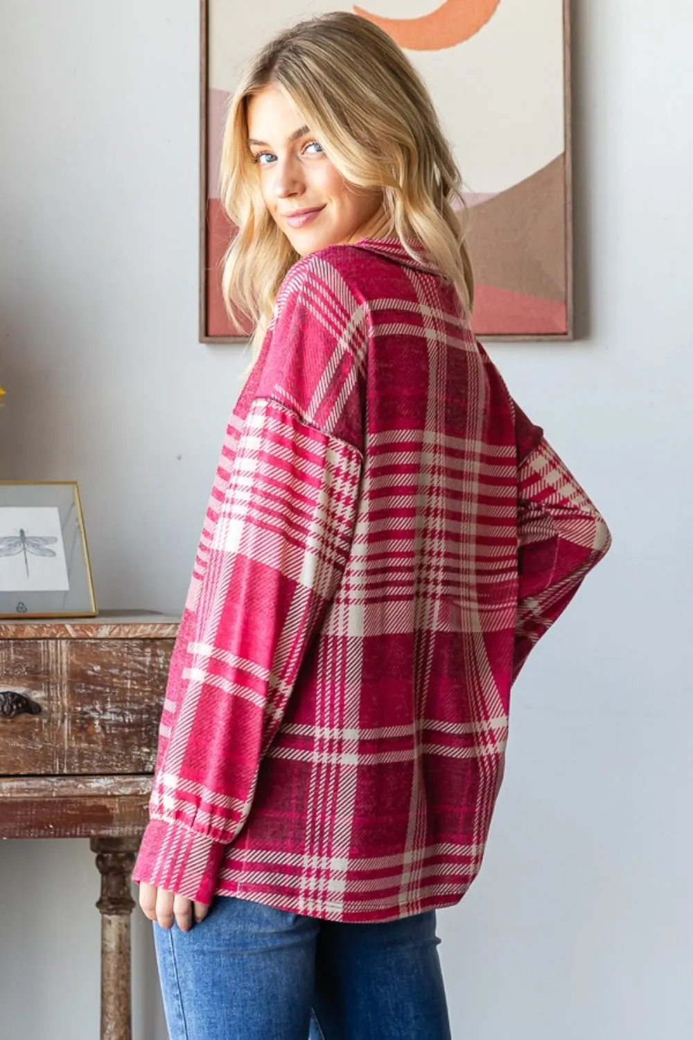 Heimish Plaid Drop Shoulder V-Neck Sweatshirt